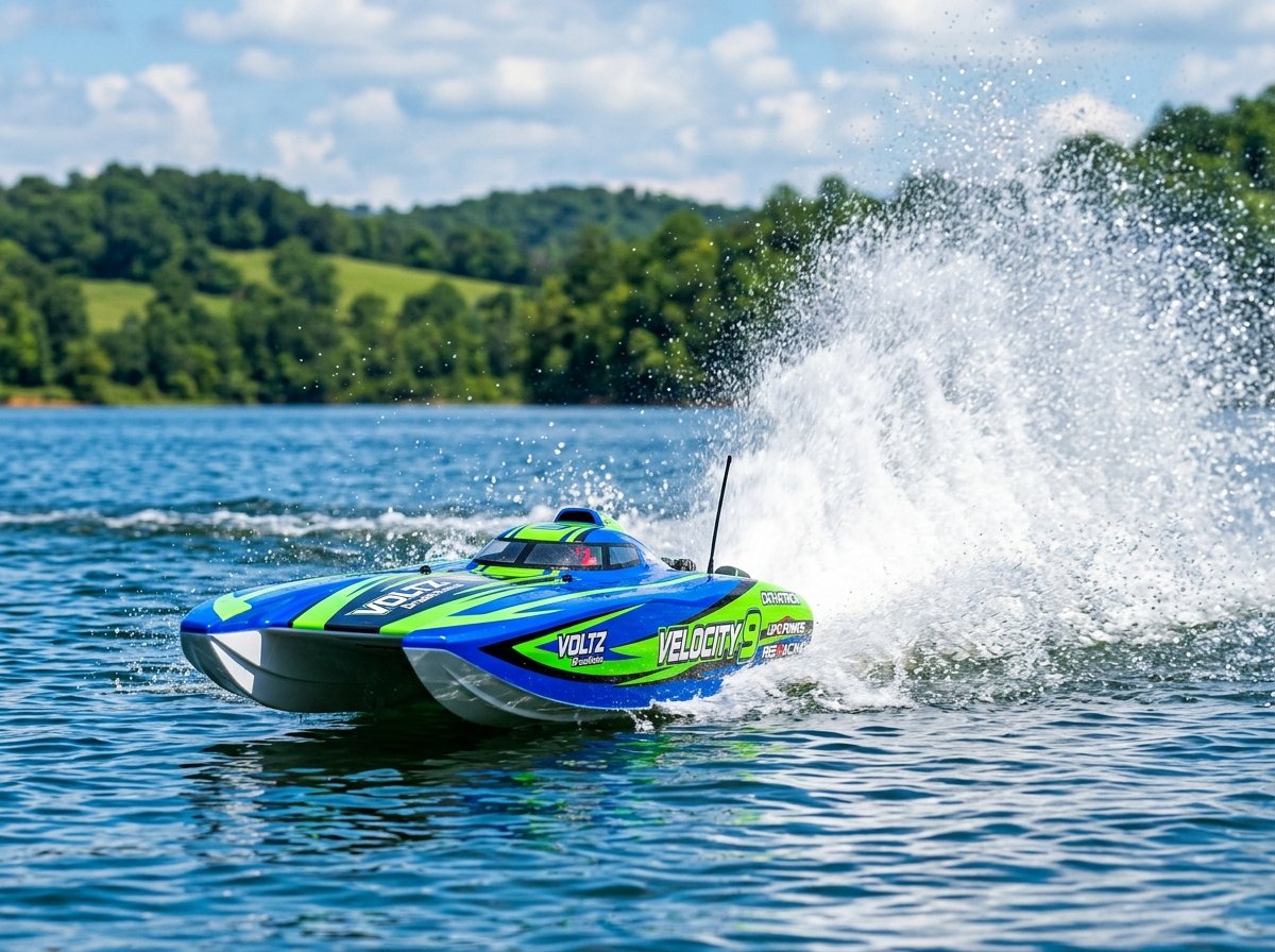 Lancha y barco de radiocontrol a alta velocidad en lago de Colombia